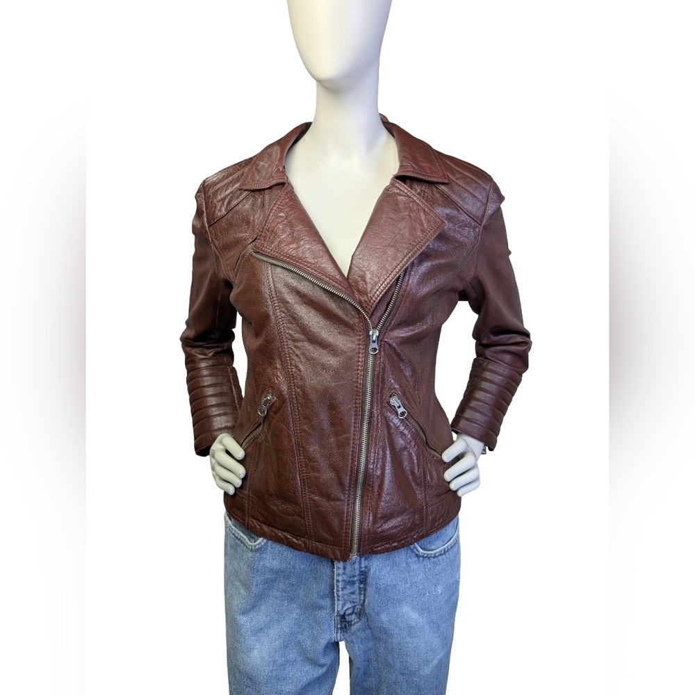 Motorcycle Leather Asymmetrical Zip Burgundy Leather Jacket | Size Small